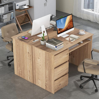 Computer Desk with 3 Storage Drawers & Built-in Charging Station, Home Office Desk with Keyboard Tray, PC Desk Study Writing Desk, Vanity Table for Bedroom, Computer Workstation (Natural)