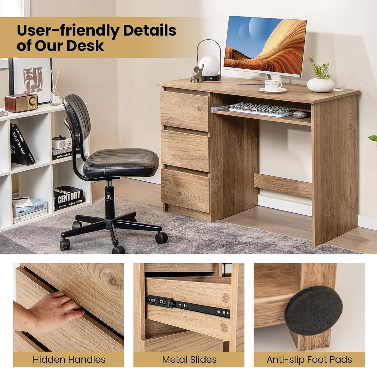 Computer Desk with 3 Storage Drawers & Built-in Charging Station, Home Office Desk with Keyboard Tray, PC Desk Study Writing Desk, Vanity Table for Bedroom, Computer Workstation (Natural)