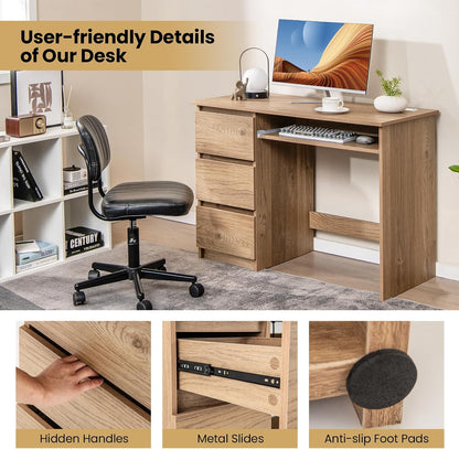 Computer Desk with 3 Storage Drawers & Built-in Charging Station, Home Office Desk with Keyboard Tray, PC Desk Study Writing Desk, Vanity Table for Bedroom, Computer Workstation (Natural)