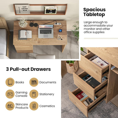 Computer Desk with 3 Storage Drawers & Built-in Charging Station, Home Office Desk with Keyboard Tray, PC Desk Study Writing Desk, Vanity Table for Bedroom, Computer Workstation (Natural)