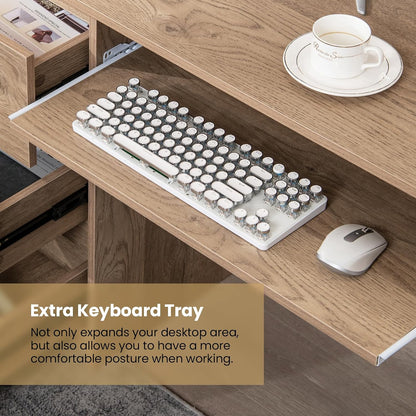 Computer Desk with 3 Storage Drawers & Built-in Charging Station, Home Office Desk with Keyboard Tray, PC Desk Study Writing Desk, Vanity Table for Bedroom, Computer Workstation (Natural)