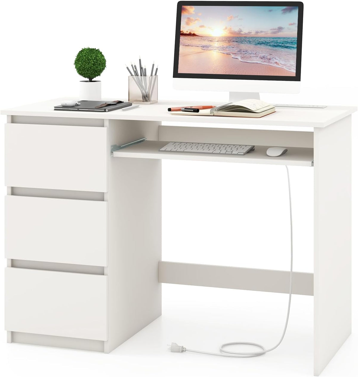 Computer Desk with 3 Storage Drawers & Built-in Charging Station, Home Office Desk with Keyboard Tray, PC Desk Study Writing Desk, Vanity Table for Bedroom, Computer Workstation (Natural)