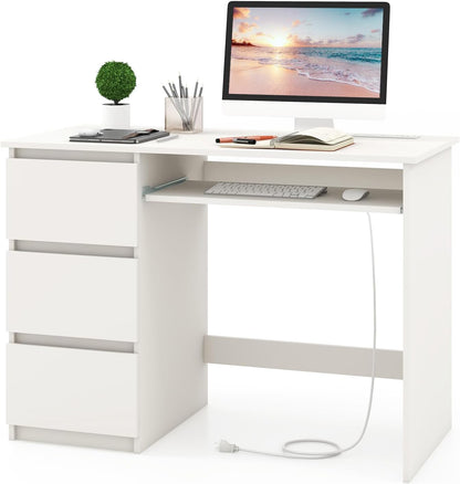 Computer Desk with 3 Storage Drawers & Built-in Charging Station, Home Office Desk with Keyboard Tray, PC Desk Study Writing Desk, Vanity Table for Bedroom, Computer Workstation (Natural)