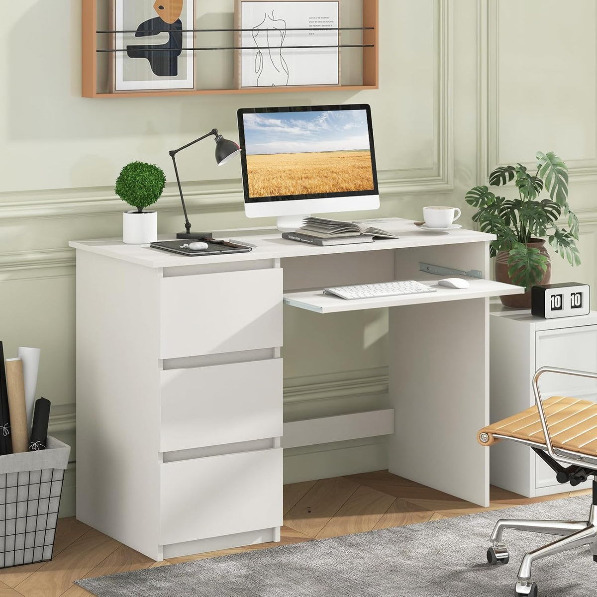 Computer Desk with 3 Storage Drawers & Built-in Charging Station, Home Office Desk with Keyboard Tray, PC Desk Study Writing Desk, Vanity Table for Bedroom, Computer Workstation (Natural)