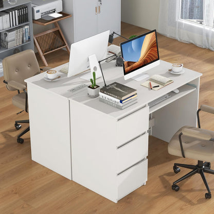Computer Desk with 3 Storage Drawers & Built-in Charging Station, Home Office Desk with Keyboard Tray, PC Desk Study Writing Desk, Vanity Table for Bedroom, Computer Workstation (Natural)