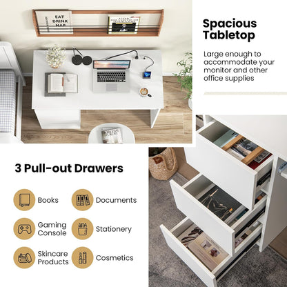 Computer Desk with 3 Storage Drawers & Built-in Charging Station, Home Office Desk with Keyboard Tray, PC Desk Study Writing Desk, Vanity Table for Bedroom, Computer Workstation (Natural)