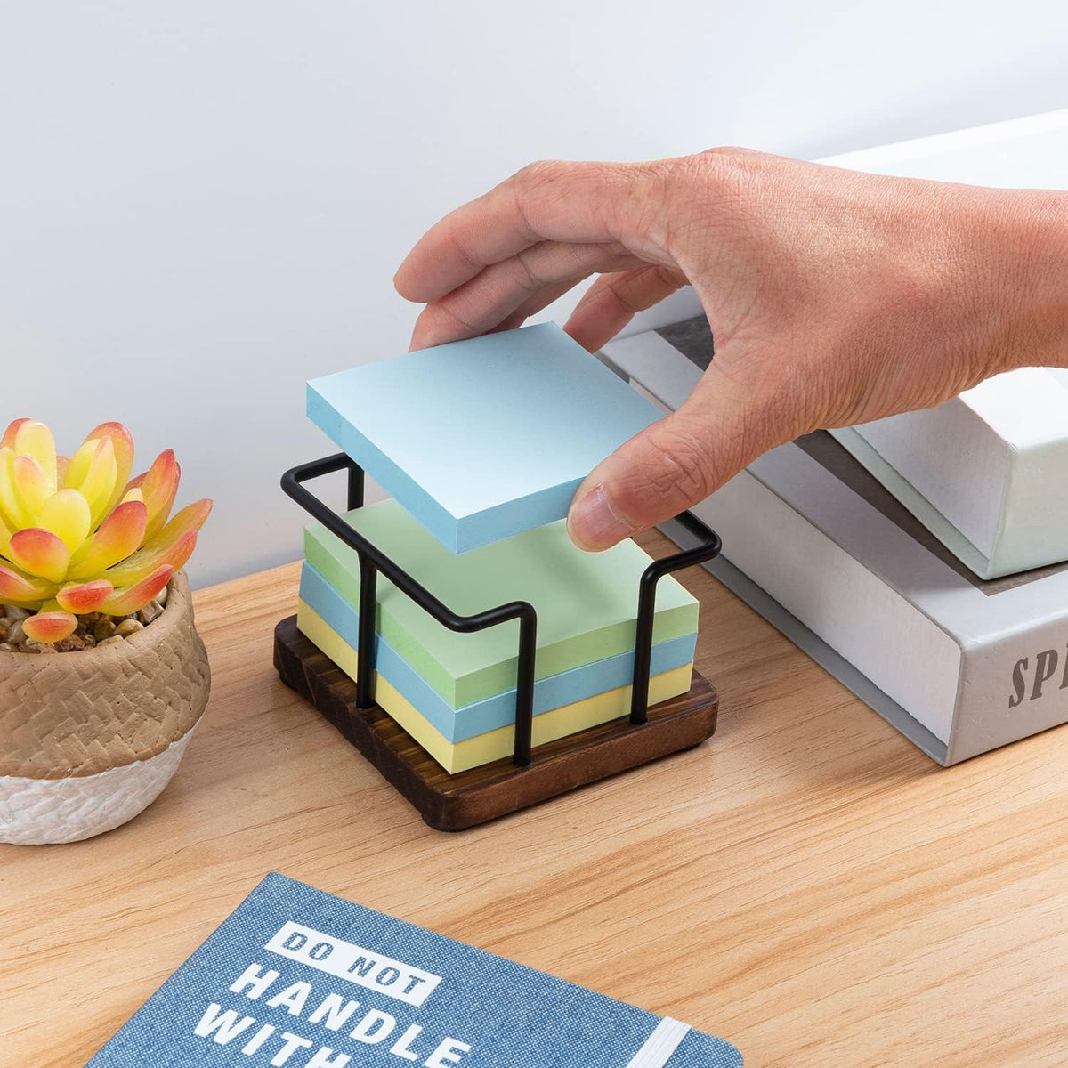 MyGift Sticky Note Holder for Desk, Wood Post It Note Dispenser for 3-Inch Note Cubes, Modern Office School Desktop Memo Pad Organizer