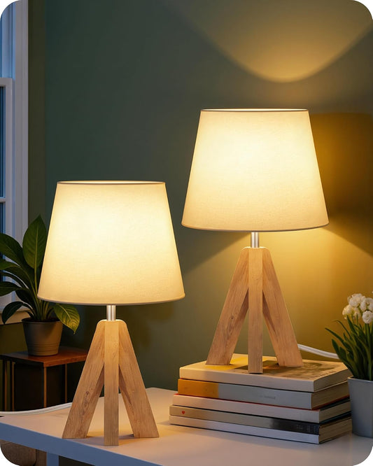 Wood Bedside Lamps Set of 2, Small Tripod Table Lamp, Modern Nightstand Lamp with Fabric Shade, Boho Bedside Wood Desk Lamp for Bedroom, Kids Room, Living Room, Study, White W51TLP205