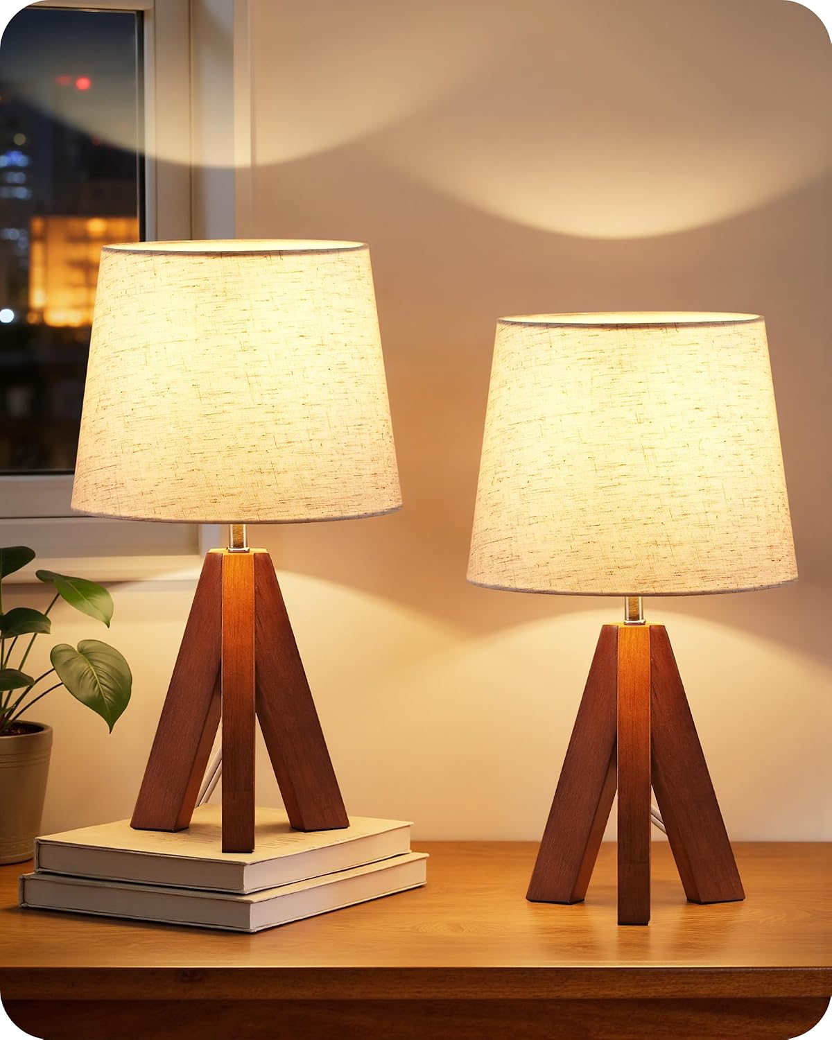 Wood Bedside Lamps Set of 2, Small Tripod Table Lamp, Modern Nightstand Lamp with Fabric Shade, Boho Bedside Wood Desk Lamp for Bedroom, Kids Room, Living Room, Study, White W51TLP205