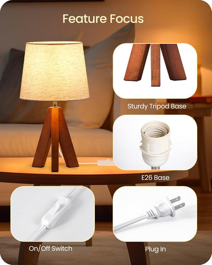 Wood Bedside Lamps Set of 2, Small Tripod Table Lamp, Modern Nightstand Lamp with Fabric Shade, Boho Bedside Wood Desk Lamp for Bedroom, Kids Room, Living Room, Study, White W51TLP205