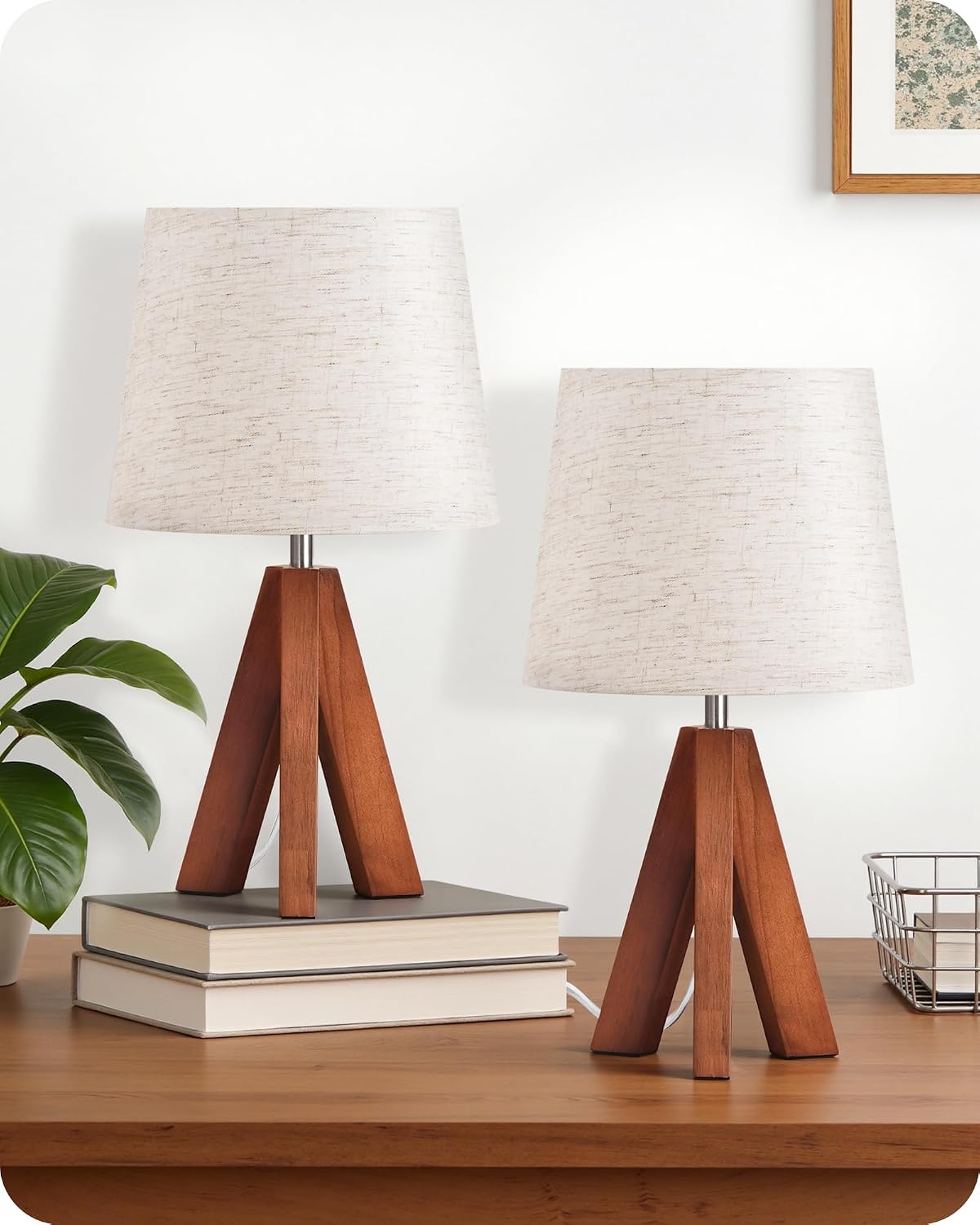 Wood Bedside Lamps Set of 2, Small Tripod Table Lamp, Modern Nightstand Lamp with Fabric Shade, Boho Bedside Wood Desk Lamp for Bedroom, Kids Room, Living Room, Study, White W51TLP205