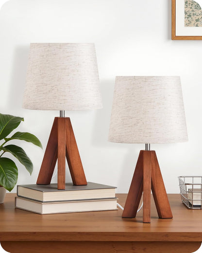 Wood Bedside Lamps Set of 2, Small Tripod Table Lamp, Modern Nightstand Lamp with Fabric Shade, Boho Bedside Wood Desk Lamp for Bedroom, Kids Room, Living Room, Study, White W51TLP205
