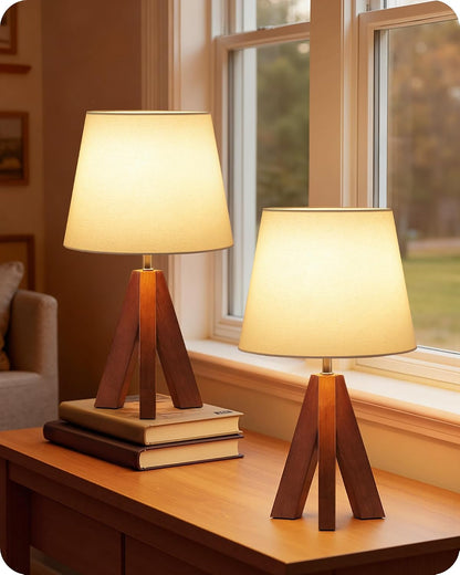 Wood Bedside Lamps Set of 2, Small Tripod Table Lamp, Modern Nightstand Lamp with Fabric Shade, Boho Bedside Wood Desk Lamp for Bedroom, Kids Room, Living Room, Study, White W51TLP205