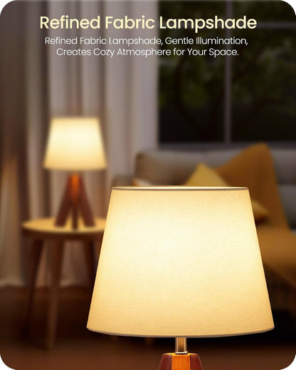 Wood Bedside Lamps Set of 2, Small Tripod Table Lamp, Modern Nightstand Lamp with Fabric Shade, Boho Bedside Wood Desk Lamp for Bedroom, Kids Room, Living Room, Study, White W51TLP205