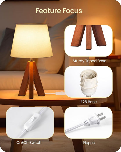 Wood Bedside Lamps Set of 2, Small Tripod Table Lamp, Modern Nightstand Lamp with Fabric Shade, Boho Bedside Wood Desk Lamp for Bedroom, Kids Room, Living Room, Study, White W51TLP205