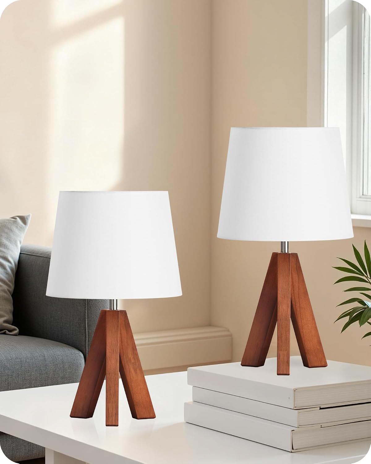 Wood Bedside Lamps Set of 2, Small Tripod Table Lamp, Modern Nightstand Lamp with Fabric Shade, Boho Bedside Wood Desk Lamp for Bedroom, Kids Room, Living Room, Study, White W51TLP205