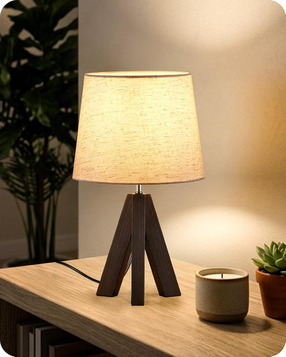 Wood Bedside Lamps Set of 2, Small Tripod Table Lamp, Modern Nightstand Lamp with Fabric Shade, Boho Bedside Wood Desk Lamp for Bedroom, Kids Room, Living Room, Study, White W51TLP205