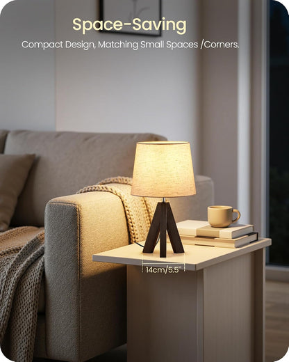 Wood Bedside Lamps Set of 2, Small Tripod Table Lamp, Modern Nightstand Lamp with Fabric Shade, Boho Bedside Wood Desk Lamp for Bedroom, Kids Room, Living Room, Study, White W51TLP205