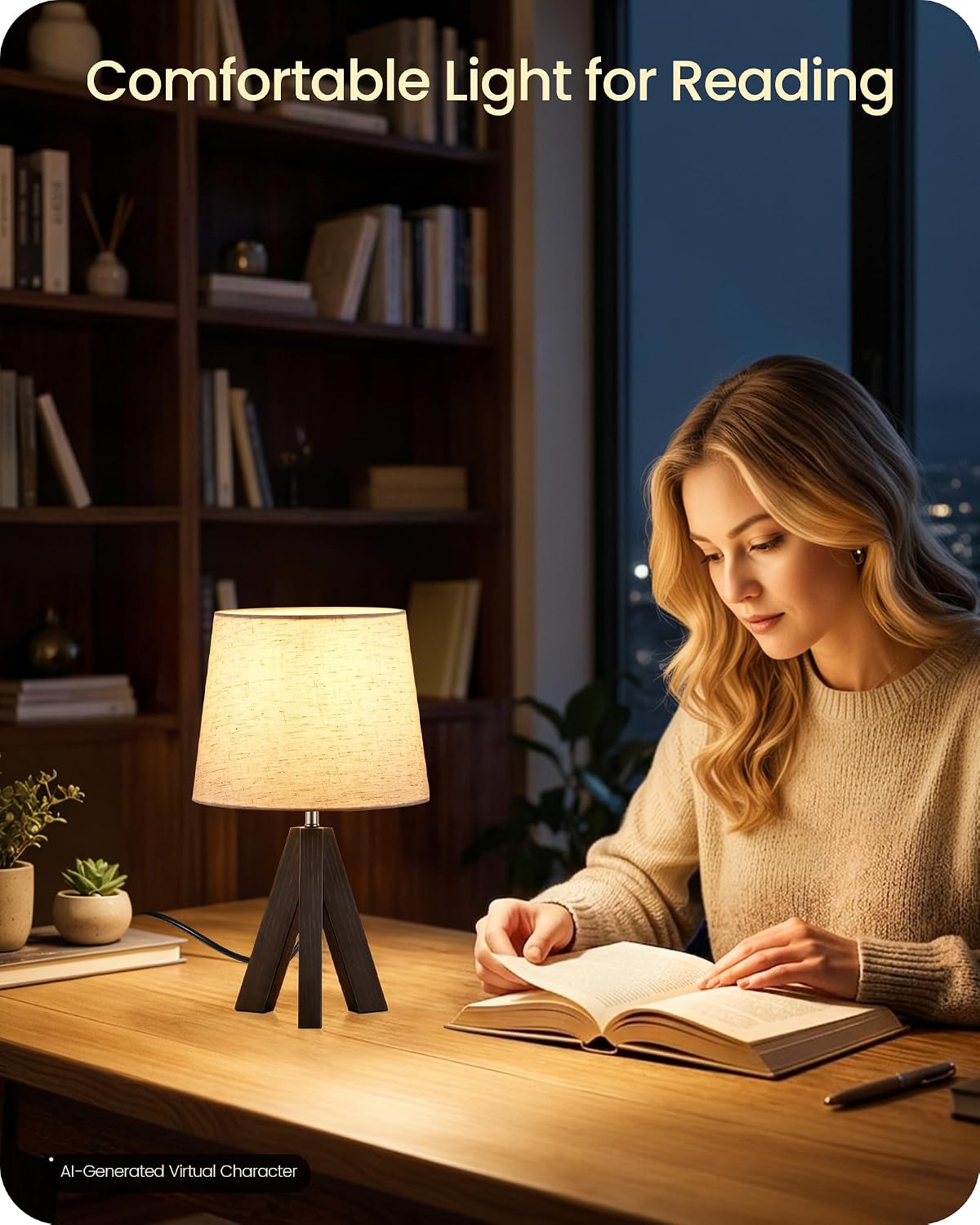 Wood Bedside Lamps Set of 2, Small Tripod Table Lamp, Modern Nightstand Lamp with Fabric Shade, Boho Bedside Wood Desk Lamp for Bedroom, Kids Room, Living Room, Study, White W51TLP205