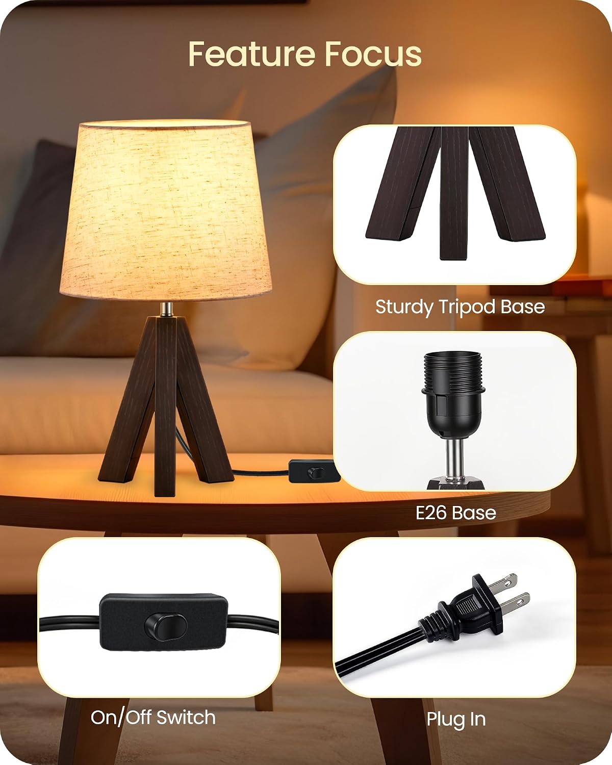 Wood Bedside Lamps Set of 2, Small Tripod Table Lamp, Modern Nightstand Lamp with Fabric Shade, Boho Bedside Wood Desk Lamp for Bedroom, Kids Room, Living Room, Study, White W51TLP205