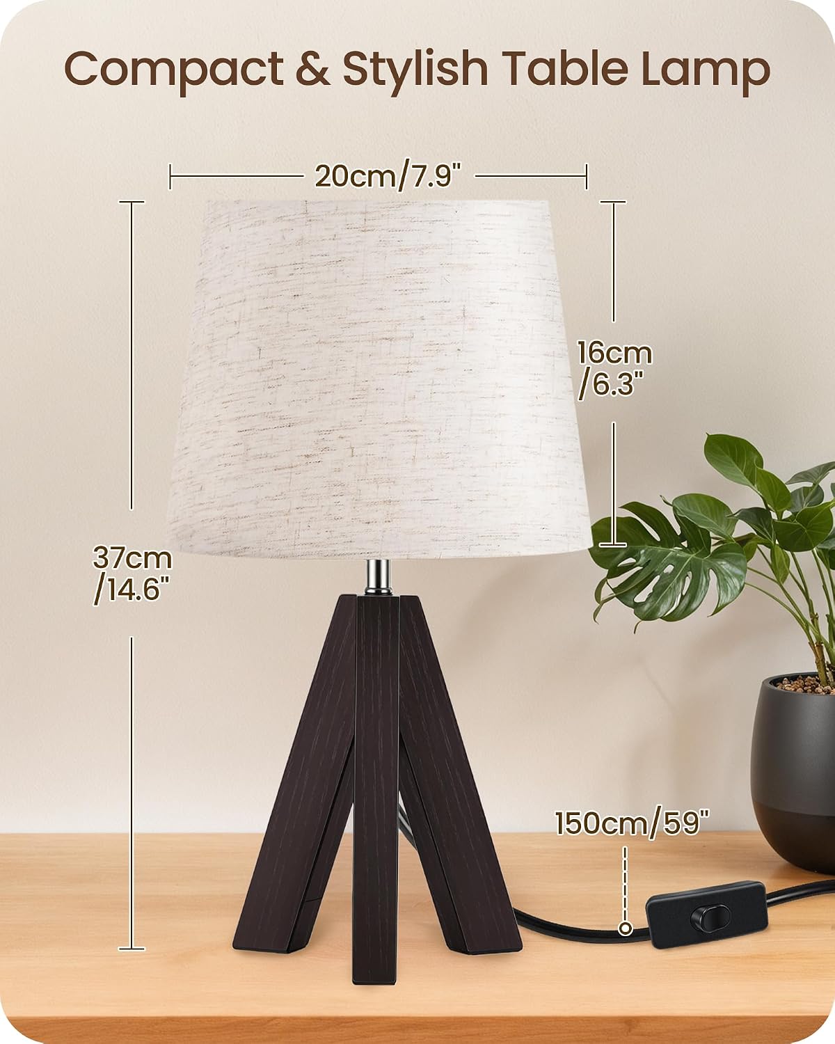Wood Bedside Lamps Set of 2, Small Tripod Table Lamp, Modern Nightstand Lamp with Fabric Shade, Boho Bedside Wood Desk Lamp for Bedroom, Kids Room, Living Room, Study, White W51TLP205