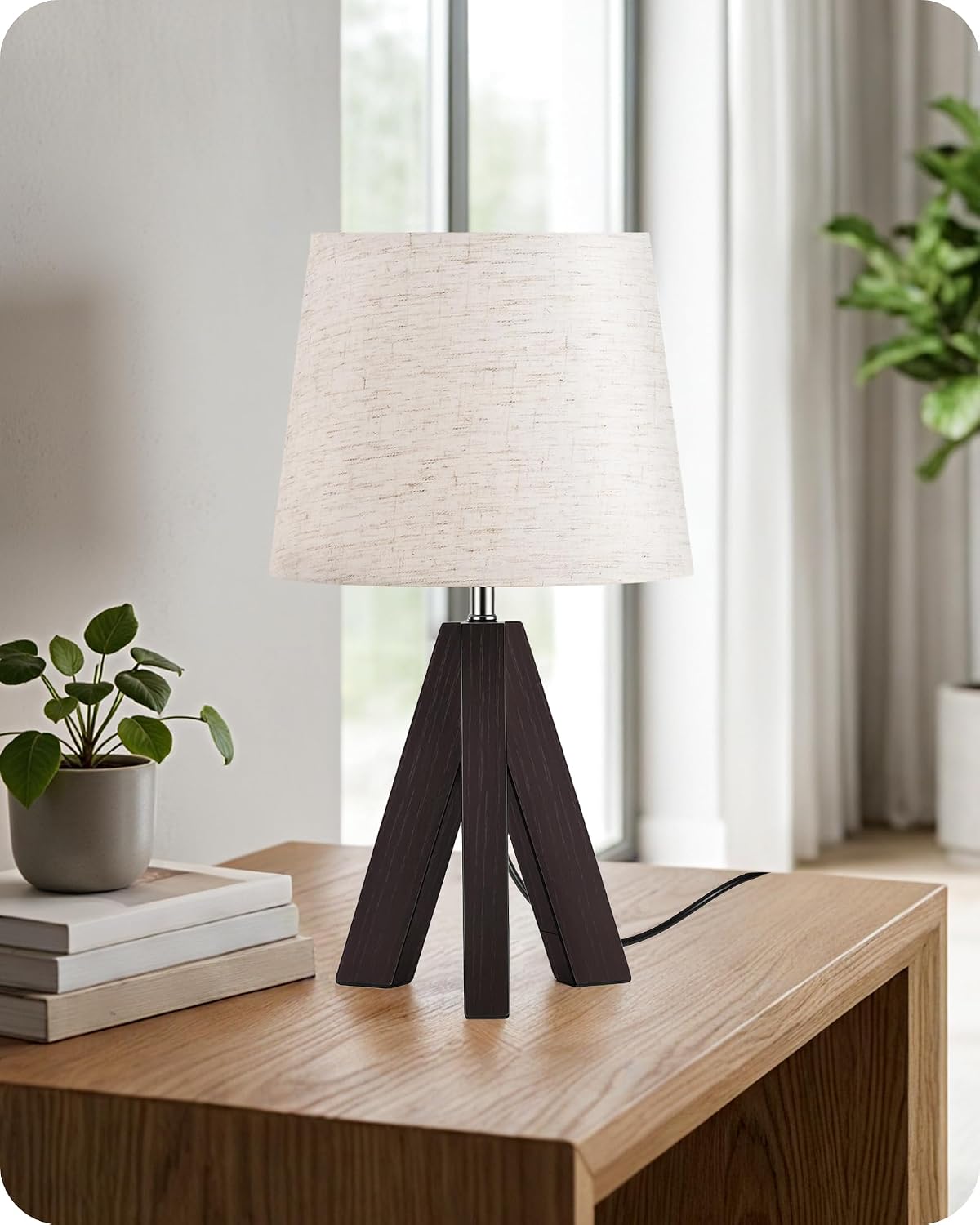 Wood Bedside Lamps Set of 2, Small Tripod Table Lamp, Modern Nightstand Lamp with Fabric Shade, Boho Bedside Wood Desk Lamp for Bedroom, Kids Room, Living Room, Study, White W51TLP205