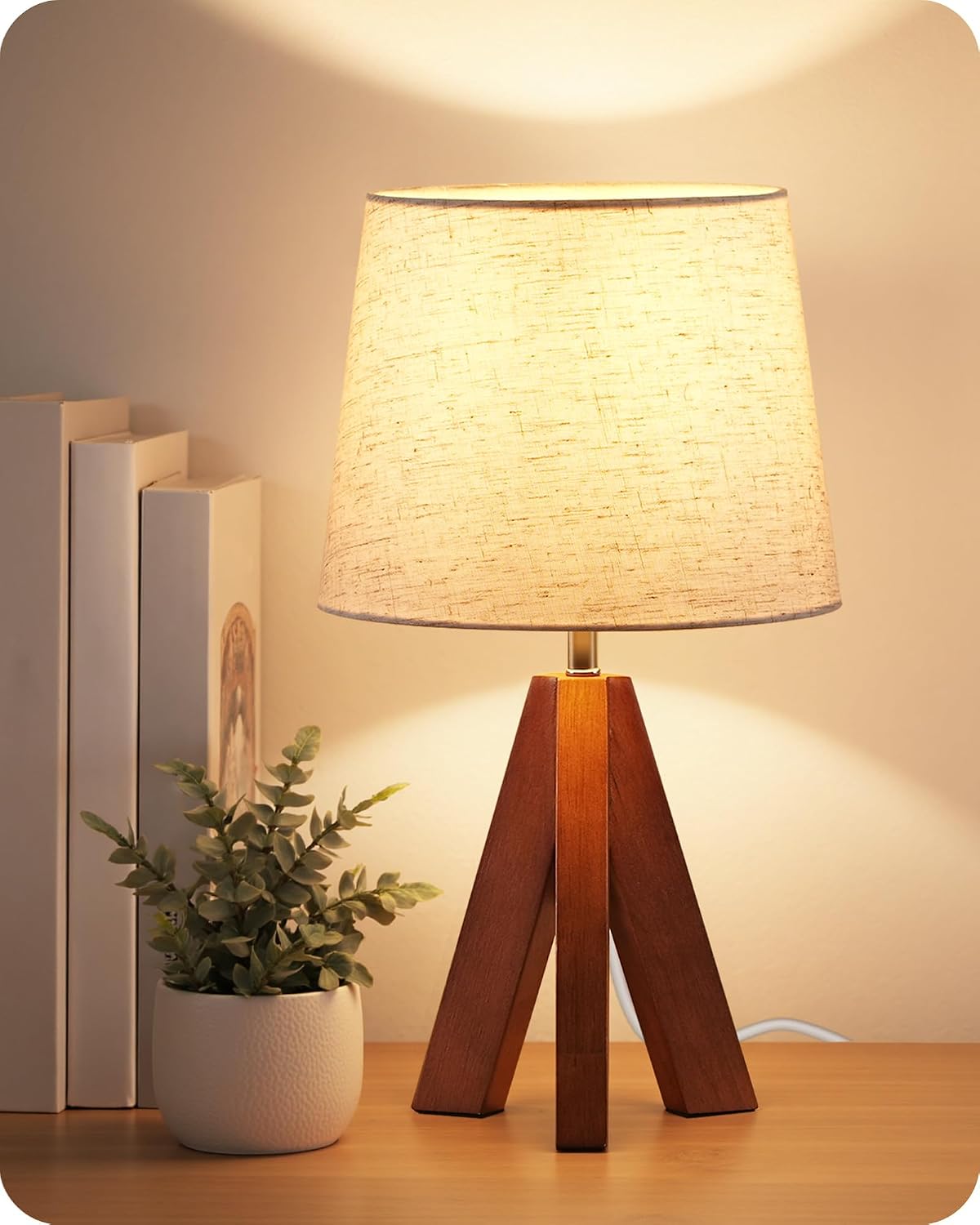 Wood Bedside Lamps Set of 2, Small Tripod Table Lamp, Modern Nightstand Lamp with Fabric Shade, Boho Bedside Wood Desk Lamp for Bedroom, Kids Room, Living Room, Study, White W51TLP205