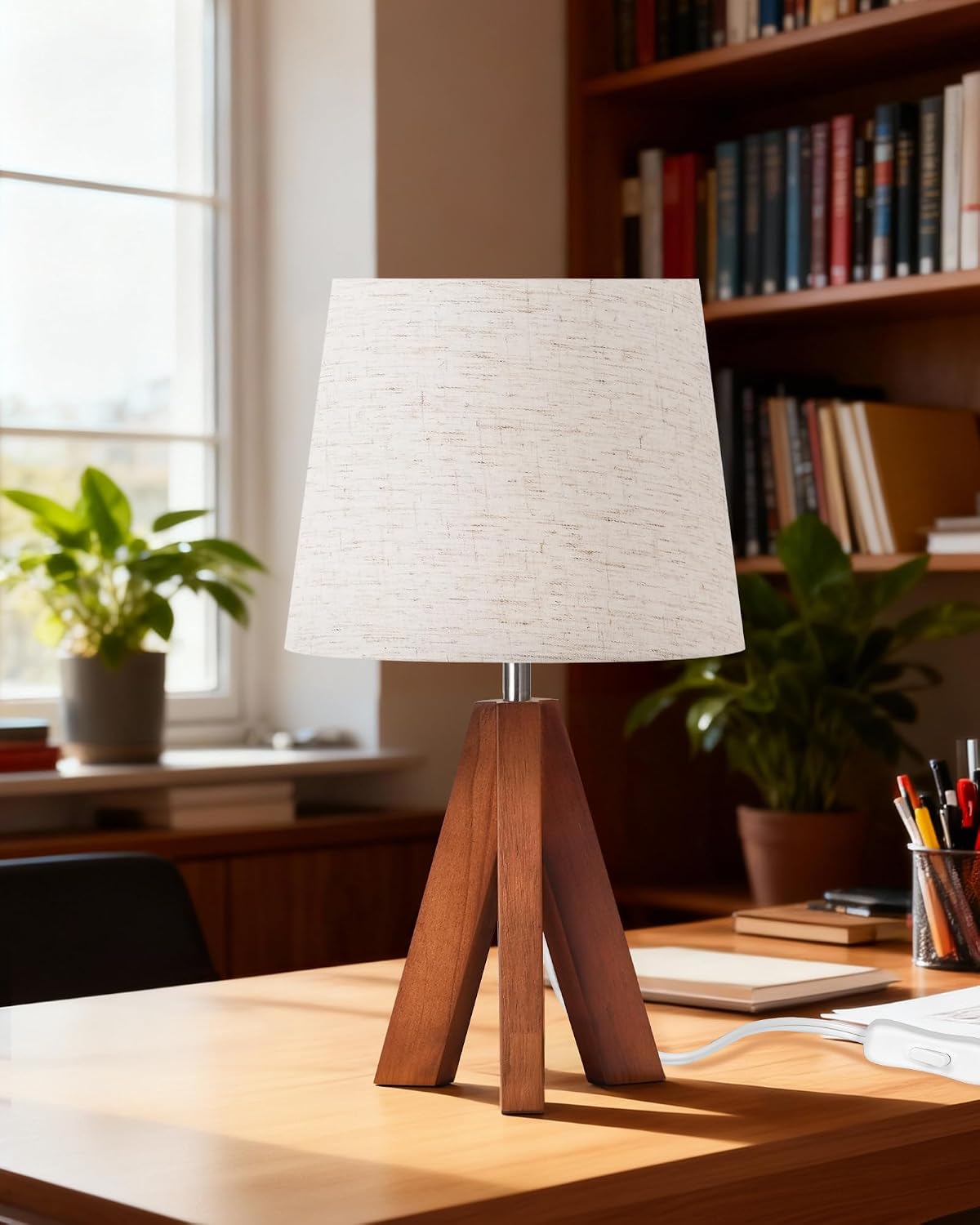 Wood Bedside Lamps Set of 2, Small Tripod Table Lamp, Modern Nightstand Lamp with Fabric Shade, Boho Bedside Wood Desk Lamp for Bedroom, Kids Room, Living Room, Study, White W51TLP205