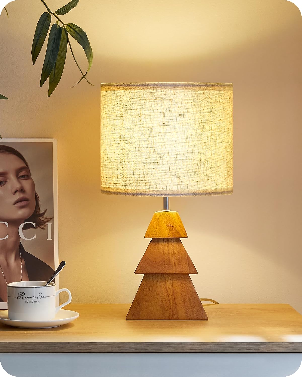 Wood Bedside Lamps Set of 2, Small Tripod Table Lamp, Modern Nightstand Lamp with Fabric Shade, Boho Bedside Wood Desk Lamp for Bedroom, Kids Room, Living Room, Study, White W51TLP205