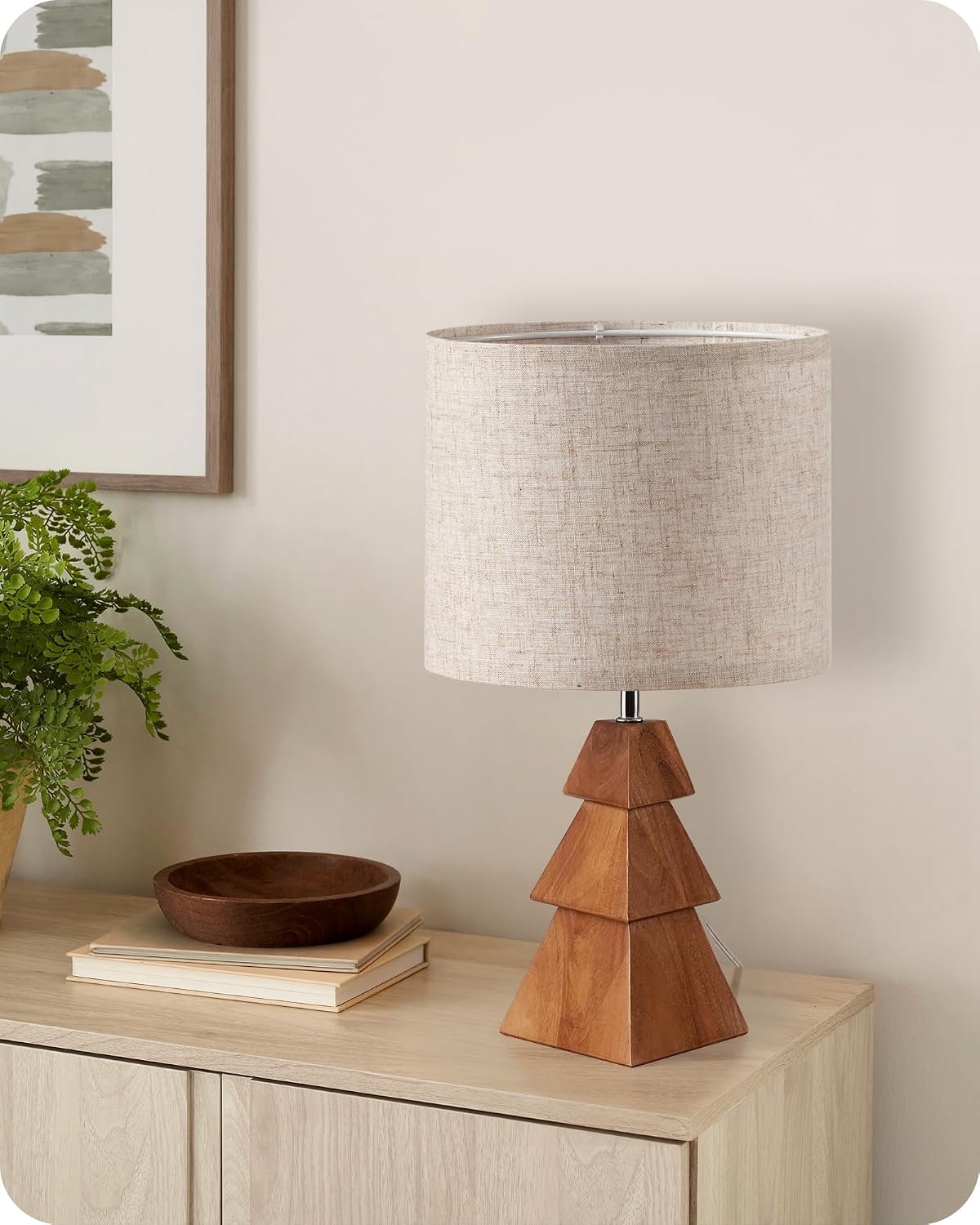 Wood Bedside Lamps Set of 2, Small Tripod Table Lamp, Modern Nightstand Lamp with Fabric Shade, Boho Bedside Wood Desk Lamp for Bedroom, Kids Room, Living Room, Study, White W51TLP205