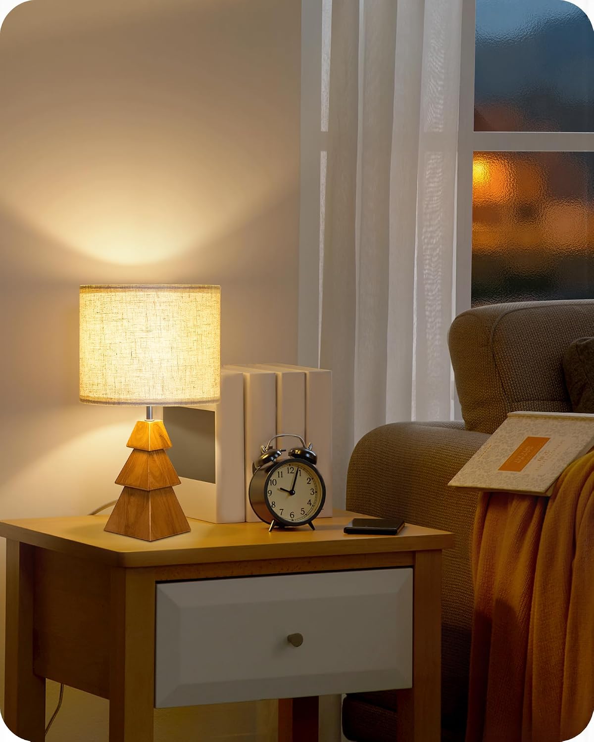 Wood Bedside Lamps Set of 2, Small Tripod Table Lamp, Modern Nightstand Lamp with Fabric Shade, Boho Bedside Wood Desk Lamp for Bedroom, Kids Room, Living Room, Study, White W51TLP205
