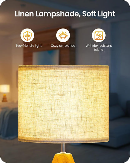 Wood Bedside Lamps Set of 2, Small Tripod Table Lamp, Modern Nightstand Lamp with Fabric Shade, Boho Bedside Wood Desk Lamp for Bedroom, Kids Room, Living Room, Study, White W51TLP205
