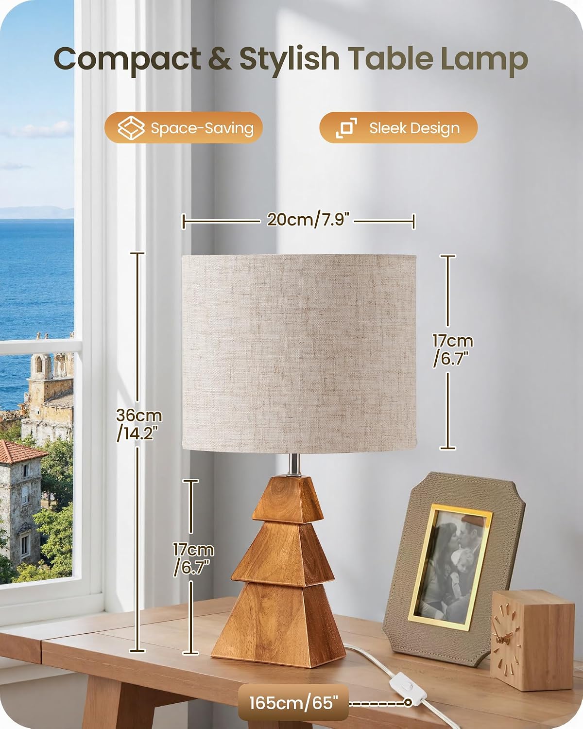 Wood Bedside Lamps Set of 2, Small Tripod Table Lamp, Modern Nightstand Lamp with Fabric Shade, Boho Bedside Wood Desk Lamp for Bedroom, Kids Room, Living Room, Study, White W51TLP205