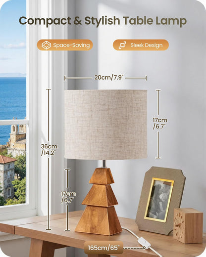 Wood Bedside Lamps Set of 2, Small Tripod Table Lamp, Modern Nightstand Lamp with Fabric Shade, Boho Bedside Wood Desk Lamp for Bedroom, Kids Room, Living Room, Study, White W51TLP205