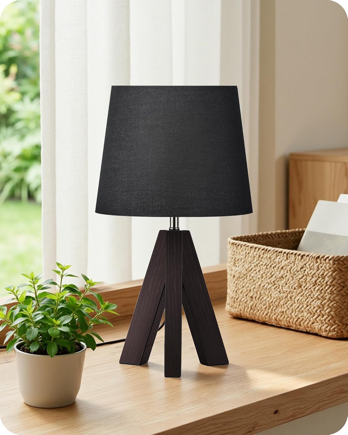 Wood Bedside Lamps Set of 2, Small Tripod Table Lamp, Modern Nightstand Lamp with Fabric Shade, Boho Bedside Wood Desk Lamp for Bedroom, Kids Room, Living Room, Study, White W51TLP205