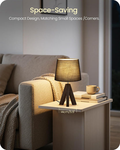Wood Bedside Lamps Set of 2, Small Tripod Table Lamp, Modern Nightstand Lamp with Fabric Shade, Boho Bedside Wood Desk Lamp for Bedroom, Kids Room, Living Room, Study, White W51TLP205