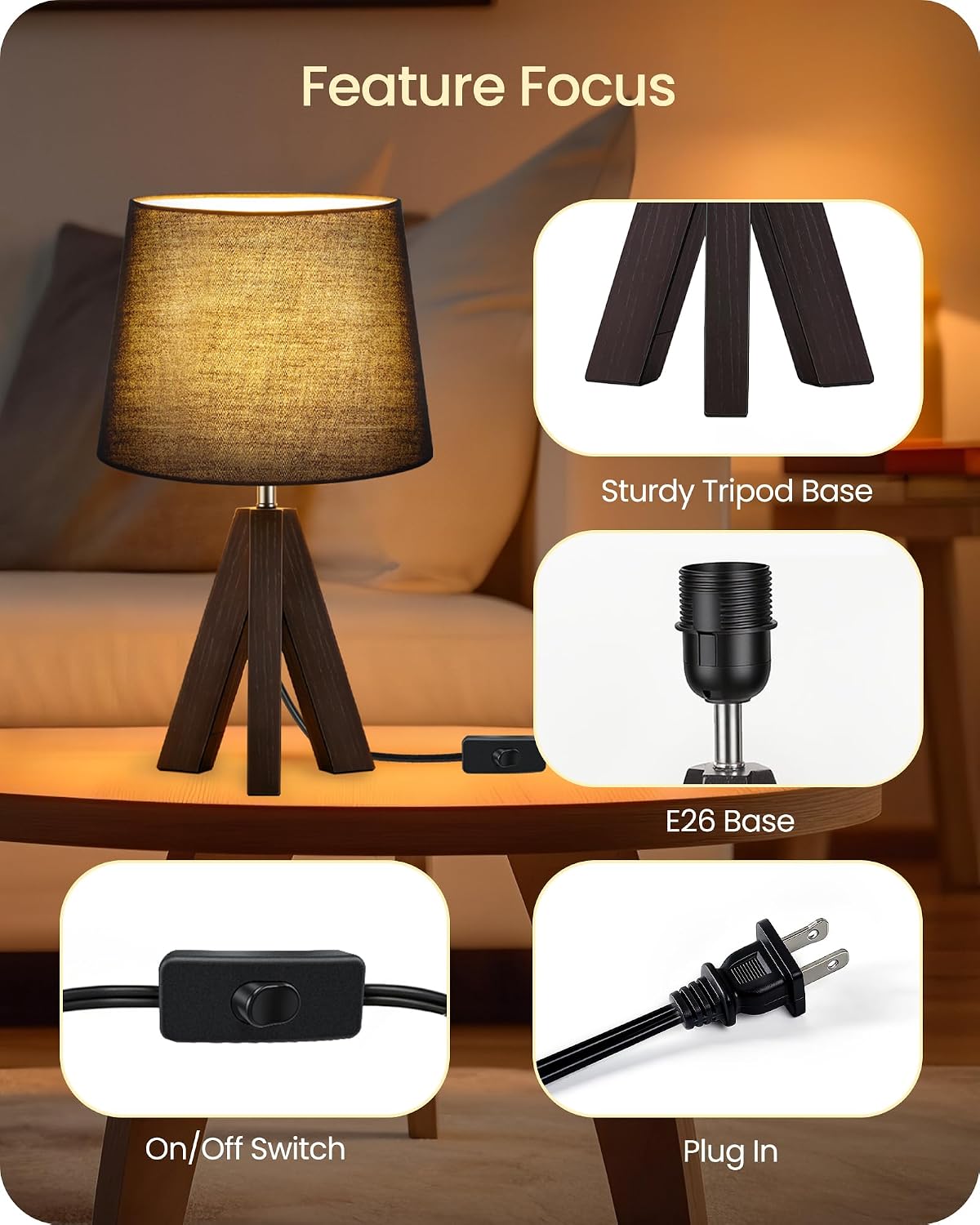 Wood Bedside Lamps Set of 2, Small Tripod Table Lamp, Modern Nightstand Lamp with Fabric Shade, Boho Bedside Wood Desk Lamp for Bedroom, Kids Room, Living Room, Study, White W51TLP205