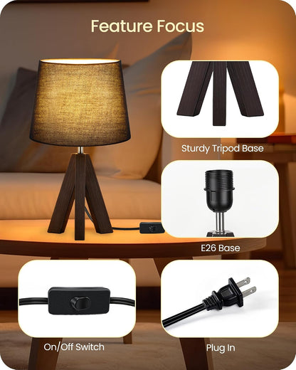 Wood Bedside Lamps Set of 2, Small Tripod Table Lamp, Modern Nightstand Lamp with Fabric Shade, Boho Bedside Wood Desk Lamp for Bedroom, Kids Room, Living Room, Study, White W51TLP205
