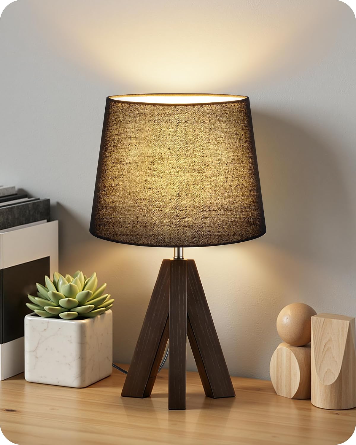 Wood Bedside Lamps Set of 2, Small Tripod Table Lamp, Modern Nightstand Lamp with Fabric Shade, Boho Bedside Wood Desk Lamp for Bedroom, Kids Room, Living Room, Study, White W51TLP205