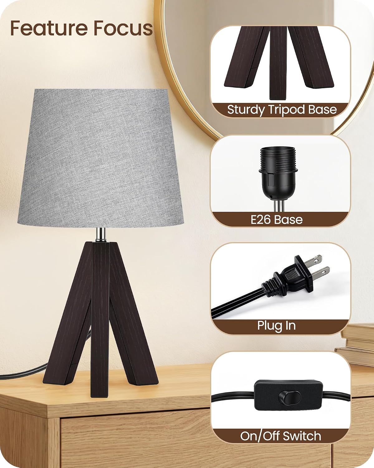 Wood Bedside Lamps Set of 2, Small Tripod Table Lamp, Modern Nightstand Lamp with Fabric Shade, Boho Bedside Wood Desk Lamp for Bedroom, Kids Room, Living Room, Study, White W51TLP205