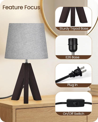 Wood Bedside Lamps Set of 2, Small Tripod Table Lamp, Modern Nightstand Lamp with Fabric Shade, Boho Bedside Wood Desk Lamp for Bedroom, Kids Room, Living Room, Study, White W51TLP205