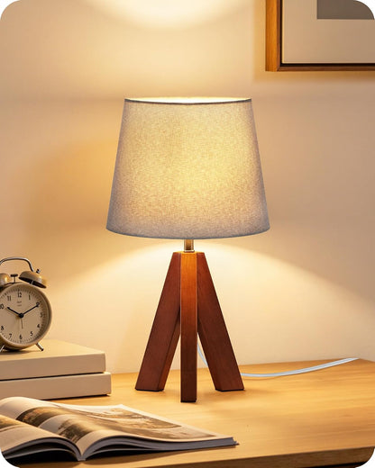 Wood Bedside Lamps Set of 2, Small Tripod Table Lamp, Modern Nightstand Lamp with Fabric Shade, Boho Bedside Wood Desk Lamp for Bedroom, Kids Room, Living Room, Study, White W51TLP205