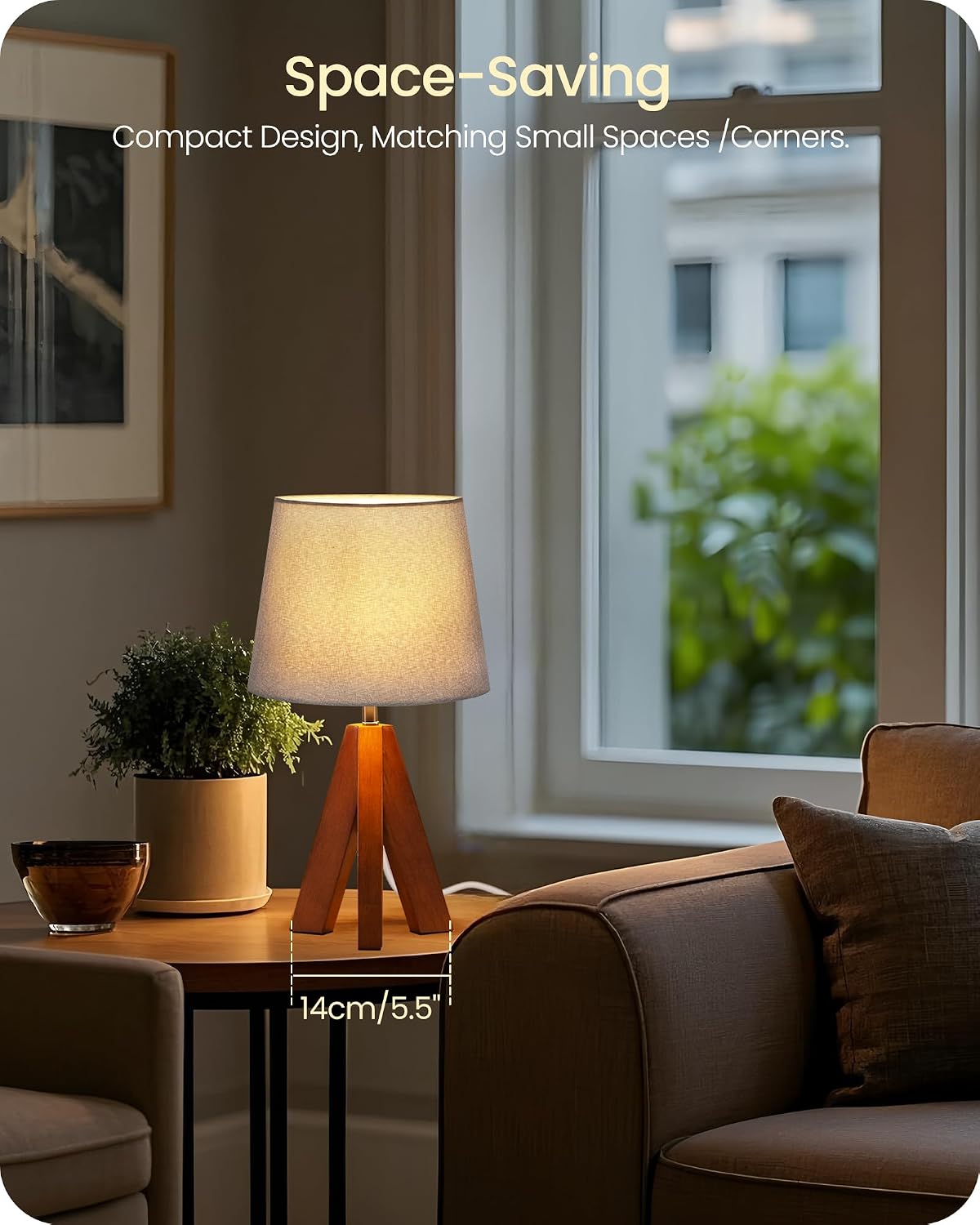 Wood Bedside Lamps Set of 2, Small Tripod Table Lamp, Modern Nightstand Lamp with Fabric Shade, Boho Bedside Wood Desk Lamp for Bedroom, Kids Room, Living Room, Study, White W51TLP205