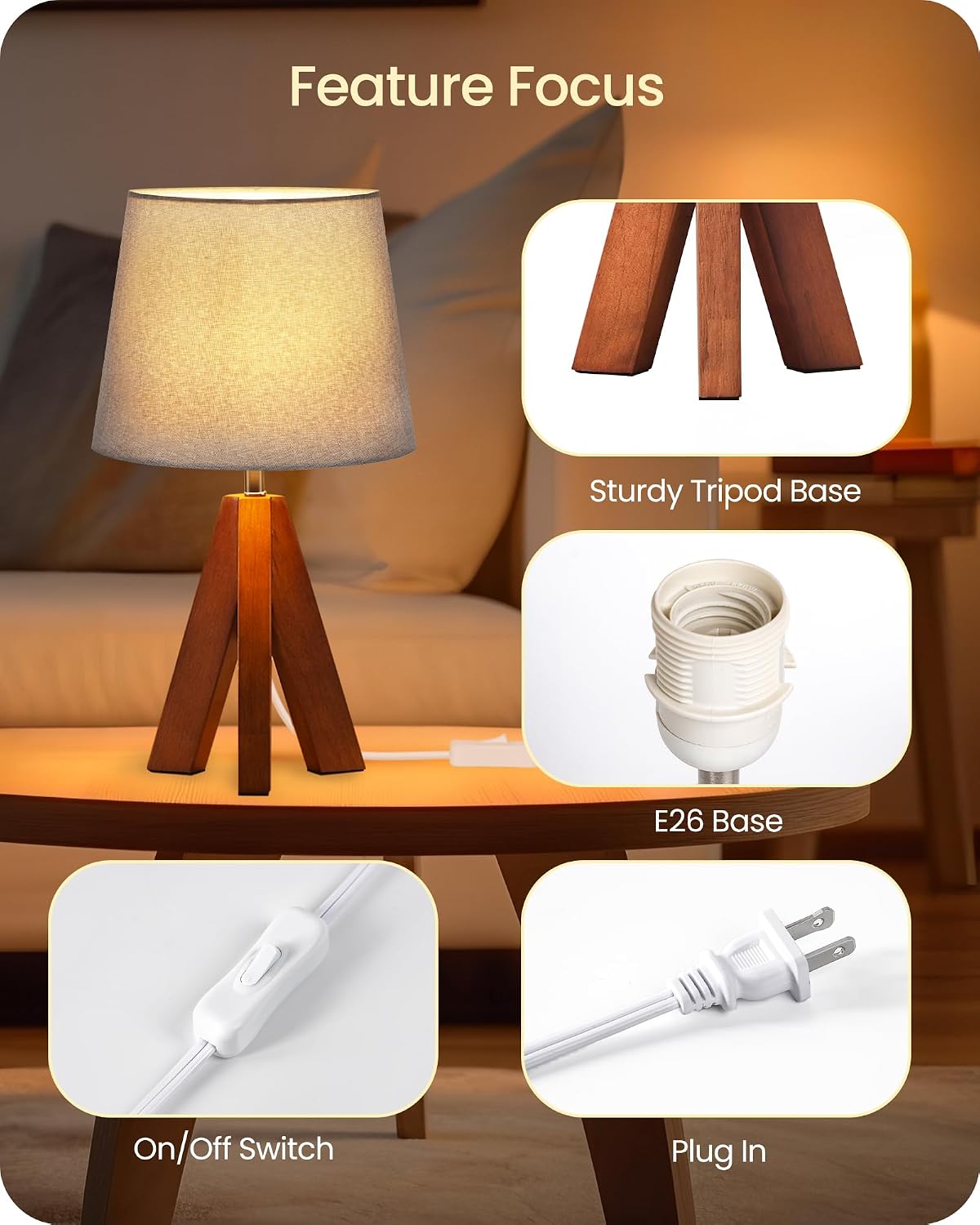 Wood Bedside Lamps Set of 2, Small Tripod Table Lamp, Modern Nightstand Lamp with Fabric Shade, Boho Bedside Wood Desk Lamp for Bedroom, Kids Room, Living Room, Study, White W51TLP205