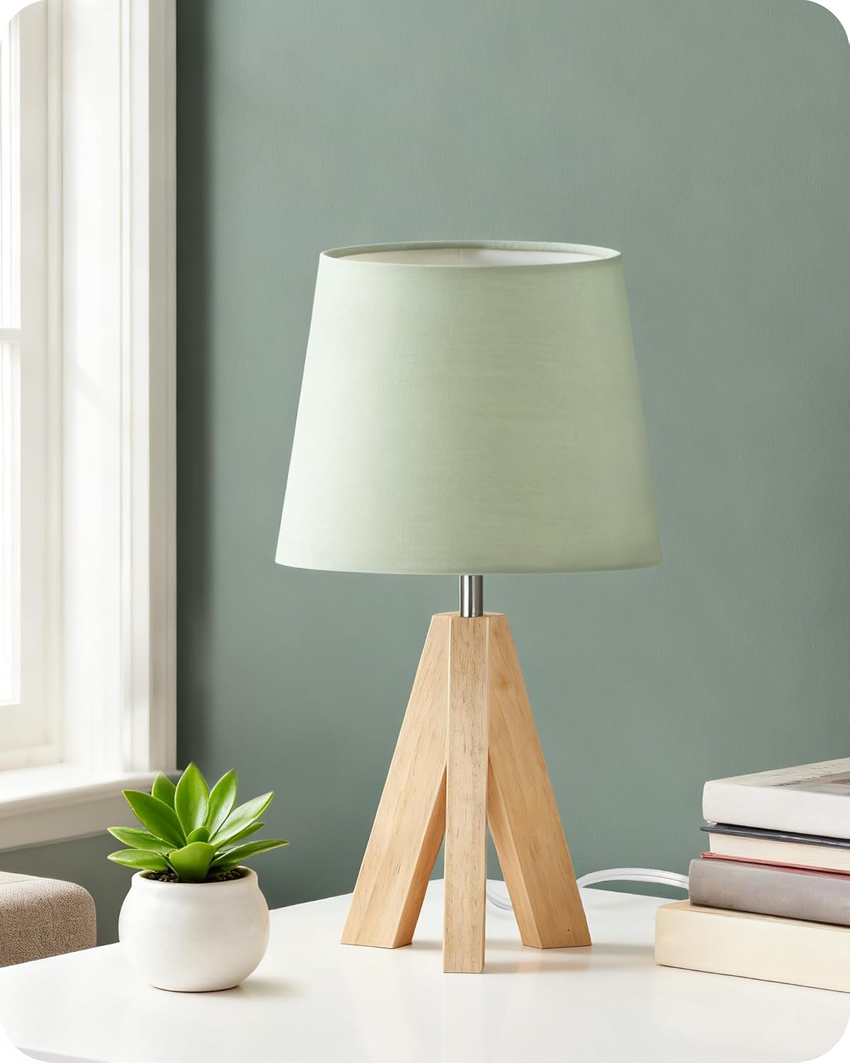 Wood Bedside Lamps Set of 2, Small Tripod Table Lamp, Modern Nightstand Lamp with Fabric Shade, Boho Bedside Wood Desk Lamp for Bedroom, Kids Room, Living Room, Study, White W51TLP205