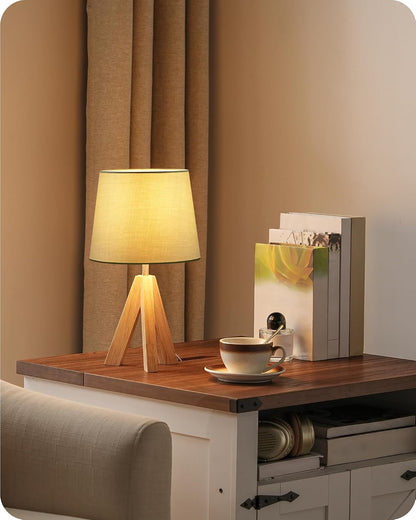 Wood Bedside Lamps Set of 2, Small Tripod Table Lamp, Modern Nightstand Lamp with Fabric Shade, Boho Bedside Wood Desk Lamp for Bedroom, Kids Room, Living Room, Study, White W51TLP205