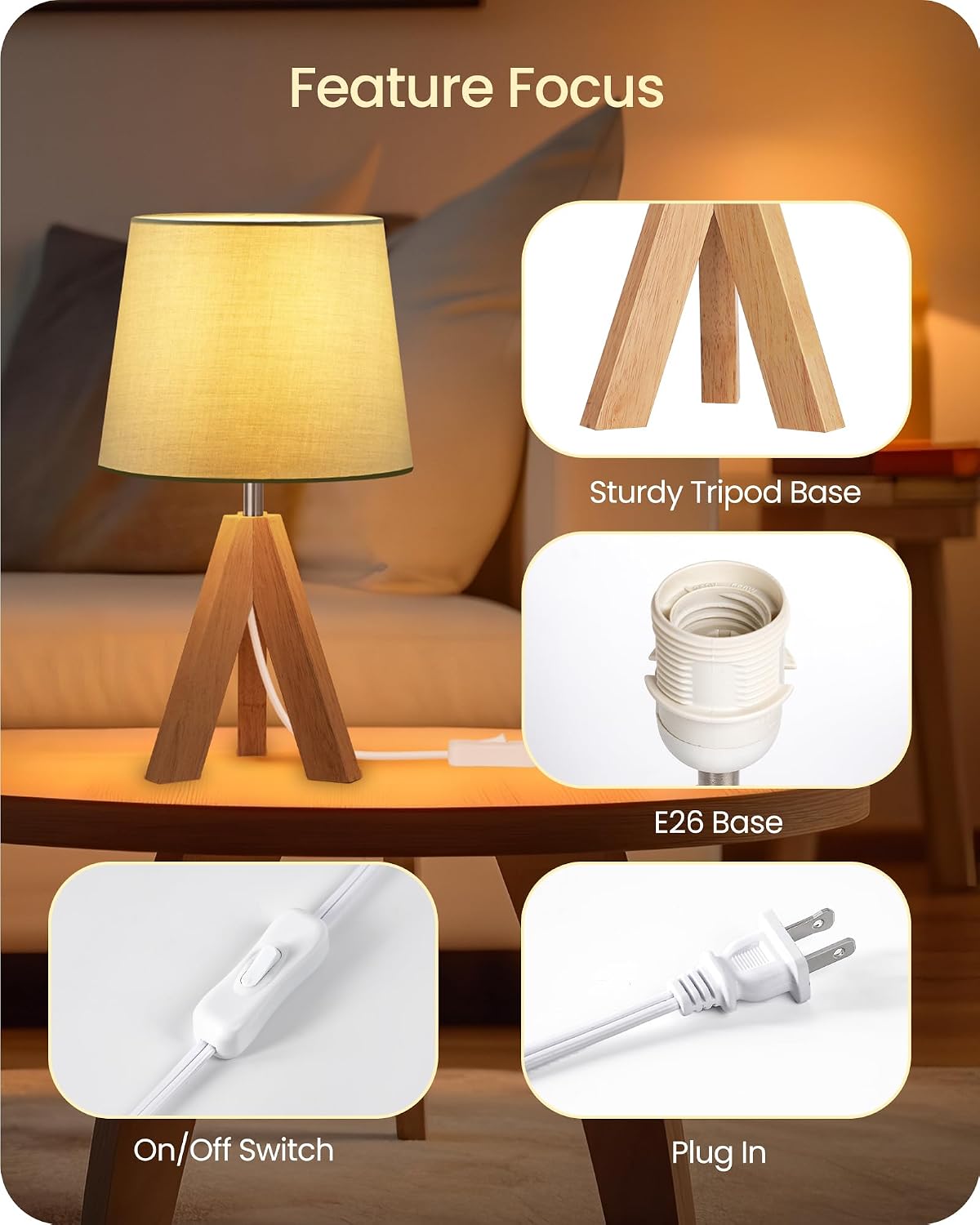 Wood Bedside Lamps Set of 2, Small Tripod Table Lamp, Modern Nightstand Lamp with Fabric Shade, Boho Bedside Wood Desk Lamp for Bedroom, Kids Room, Living Room, Study, White W51TLP205
