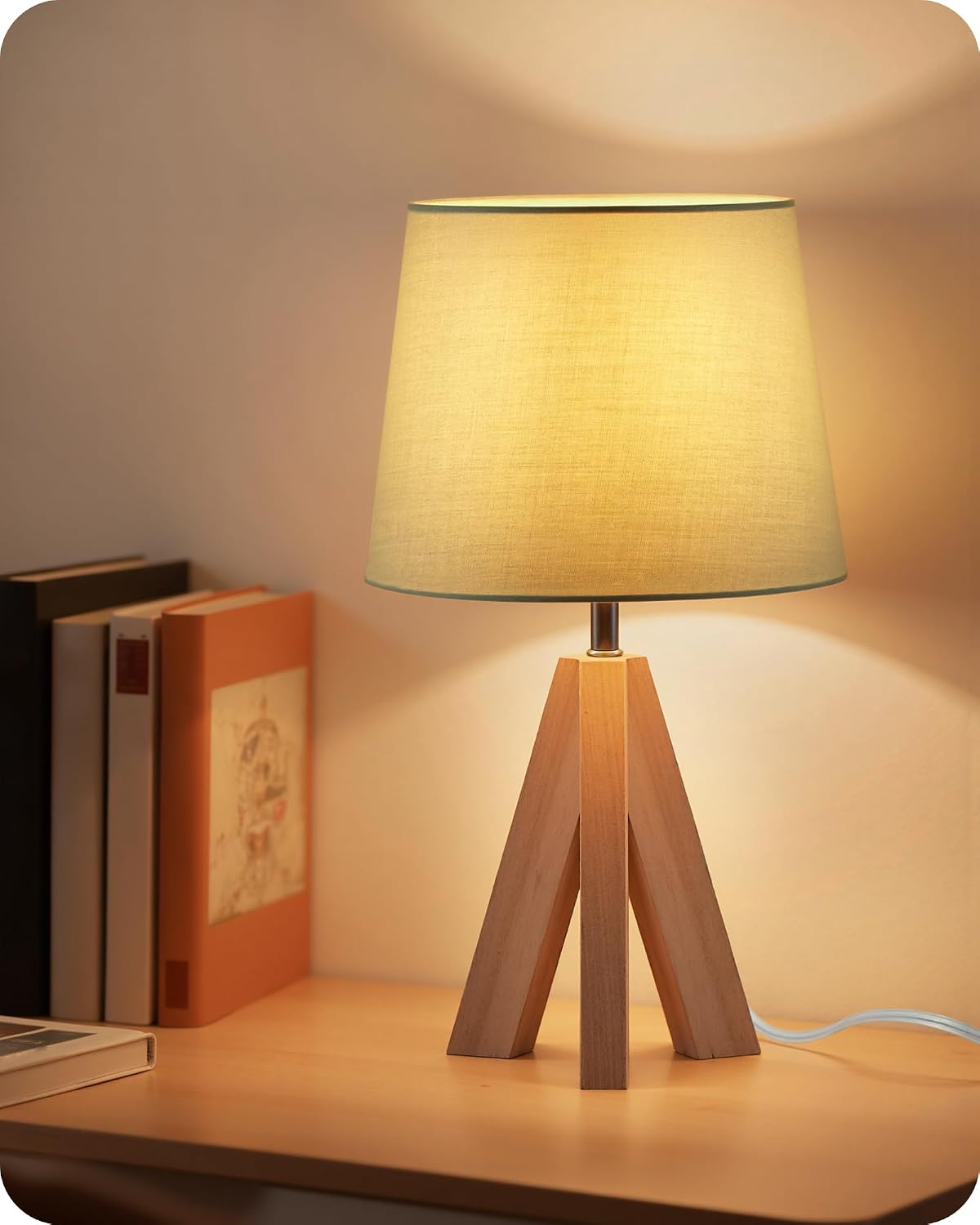 Wood Bedside Lamps Set of 2, Small Tripod Table Lamp, Modern Nightstand Lamp with Fabric Shade, Boho Bedside Wood Desk Lamp for Bedroom, Kids Room, Living Room, Study, White W51TLP205