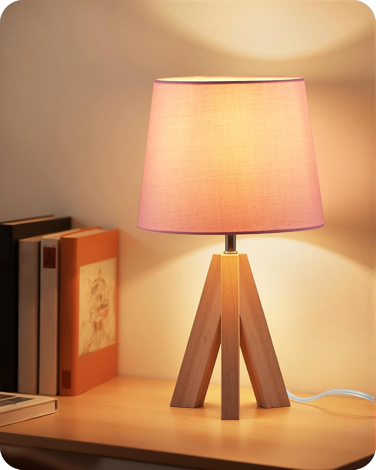 Wood Bedside Lamps Set of 2, Small Tripod Table Lamp, Modern Nightstand Lamp with Fabric Shade, Boho Bedside Wood Desk Lamp for Bedroom, Kids Room, Living Room, Study, White W51TLP205