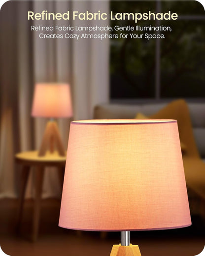 Wood Bedside Lamps Set of 2, Small Tripod Table Lamp, Modern Nightstand Lamp with Fabric Shade, Boho Bedside Wood Desk Lamp for Bedroom, Kids Room, Living Room, Study, White W51TLP205